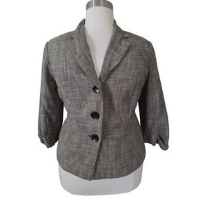 Dressbarn Womens Plus 20 Brown Linen Blend 3/4 Sleeve 3-Button Blazer Jacket